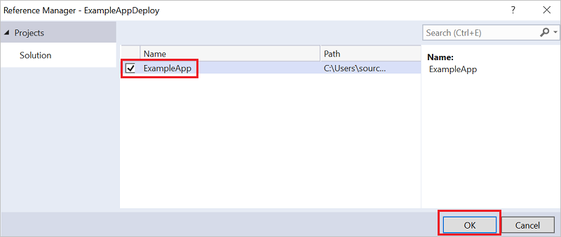 Screenshot des Fensters „Referenz hinzufügen“ in Visual Studio mit dem ausgewählten Web-App-Projekt.