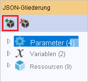 Screenshot des Fensters „JSON-Gliederung“ mit der Option „Neue Ressource hinzufügen“ hervorgehoben.