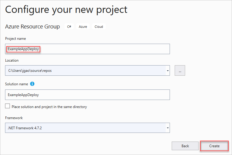 Screenshot des Fensters „Projekt benennen“ in Visual Studio.
