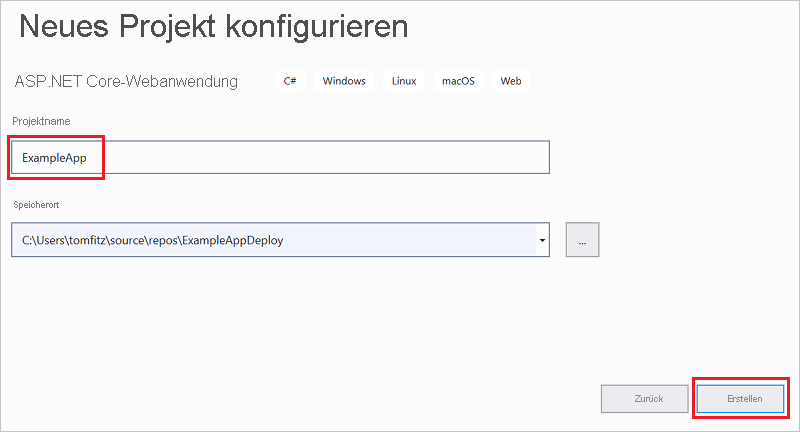 Screenshot des Fensters „Projekt benennen“ für die ASP.NET Core-Webanwendung.