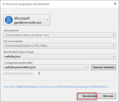 Screenshot des Dialogfelds „In Ressourcengruppe bereitstellen“ in Visual Studio.