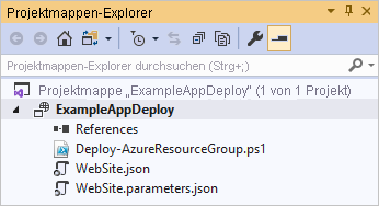 Screenshot des Visual Studio-Projektmappen-Explorers, das die Projektdateien der Ressourcengruppenbereitstellung zeigt.