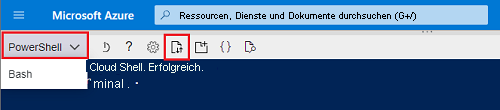 Screenshot: Azure Cloud Shell in PowerShell mit der Option zum Hochladen einer Datei