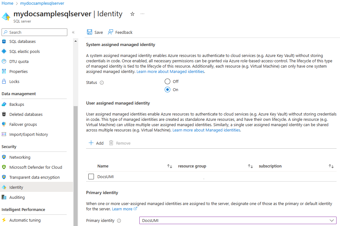 Screenshot des Menüs „Identität“ im Azure-Portal und der Auswahl der primären Identität