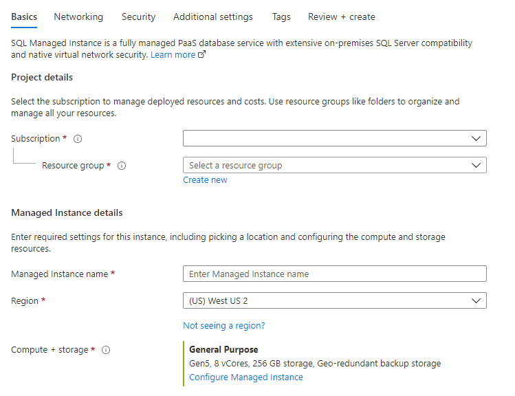 Screenshot: Registerkarte „Grundlagen“ zum Erstellen einer SQL Managed Instance im Azure-Portal