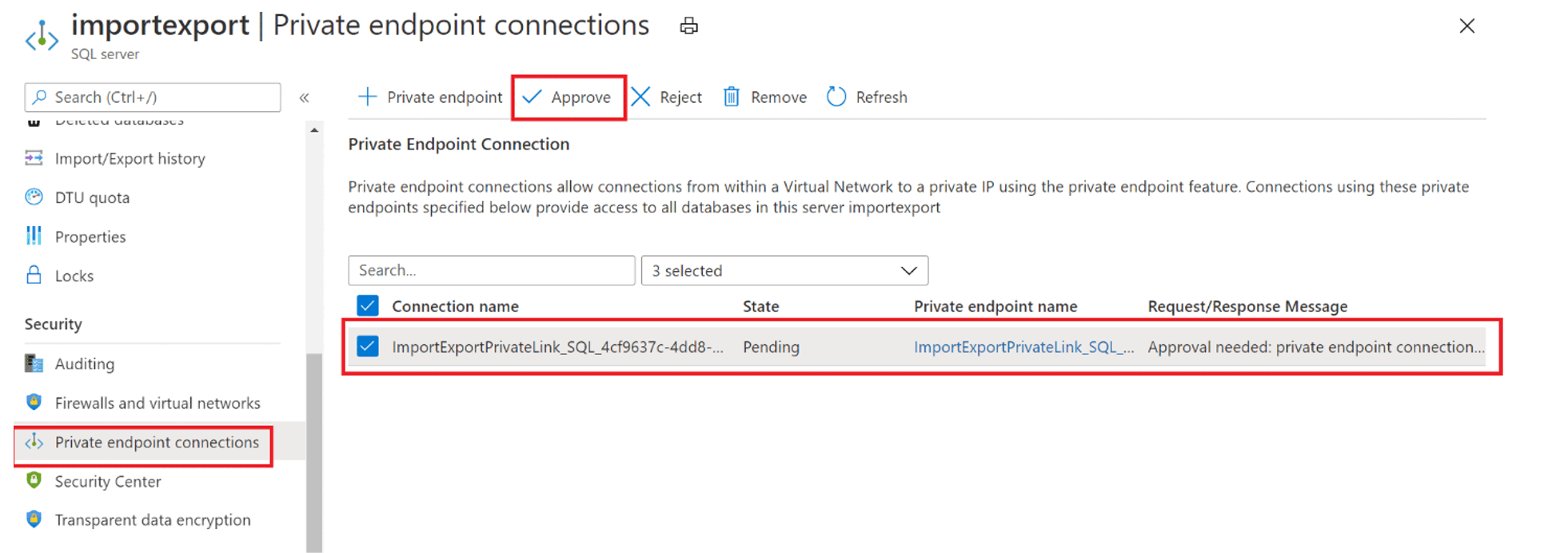 Screenshot des Azure-Portals, der zeigt, wie Sie Private Link für Azure SQL-Datenbank genehmigen