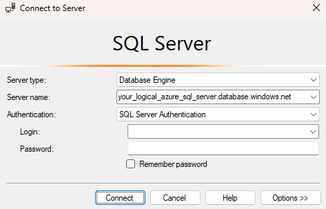 Screenshot des Dialogfelds „Mit logischem Azure SQL-Datenbank-Server verbinden“ in SQL Server Management Studio (SSMS).