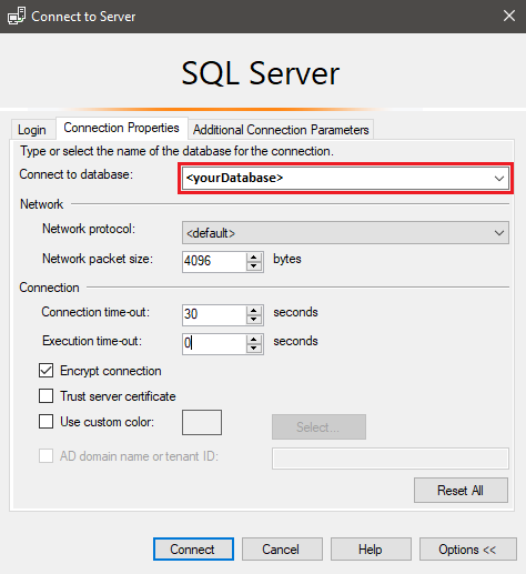 Screenshot der Registerkarte „Optionen“ im Dialogfeld „Mit Server verbinden“ in SQL Server Management Studio (SSMS).