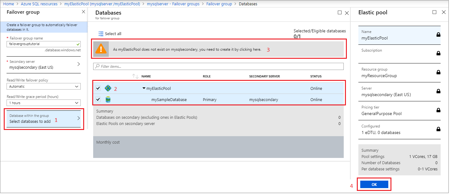 Screenshot zum Hinzufügen eines Pools für elastische Datenbanken zu einer Failovergruppe im Azure-Portal.