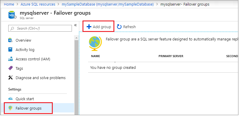 Screenshot mit hervorgehobener Option Neue Failovergruppe hinzufügen auf der Seite Failovergruppen im Azure-Portal.
