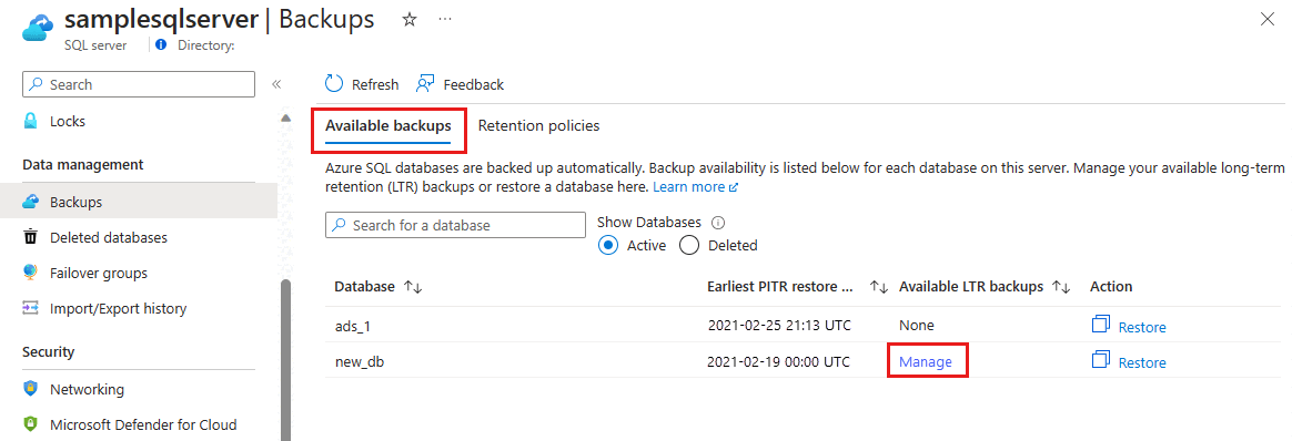 Screenshot des Azure-Portals mit verfügbaren Sicherungen.