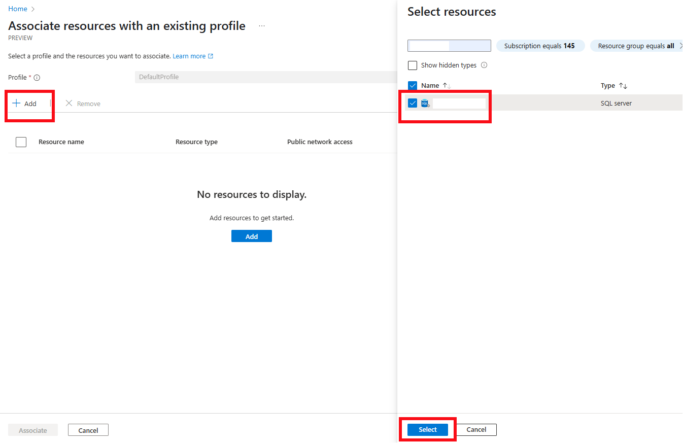 Screenshot des Hinzufügens einer zugeordneten Ressource für den Netzwerksicherheitsperimeter im Azure-Portal.