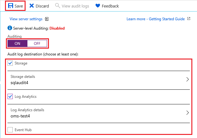 Screenshot of the Azure portal Audit settings page. The Save button is highlighted. Audit log destination fields are highlighted.