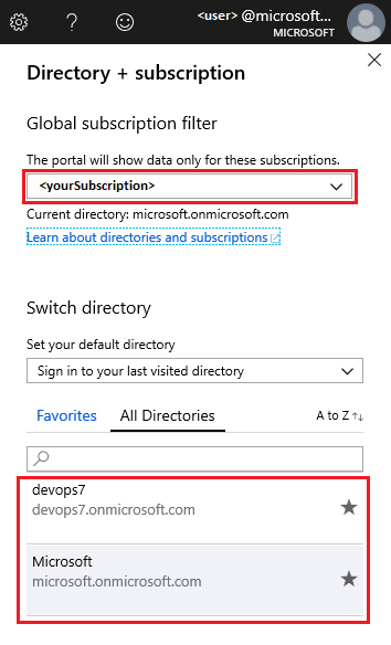 Screenshot of the Azure portal showing the Directory + subscription filter page, where you would choose the directory.