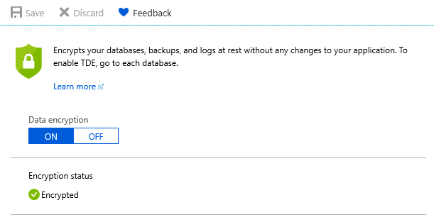 Screenshot of the Azure portal page to enable Transparent Data Encryption.
