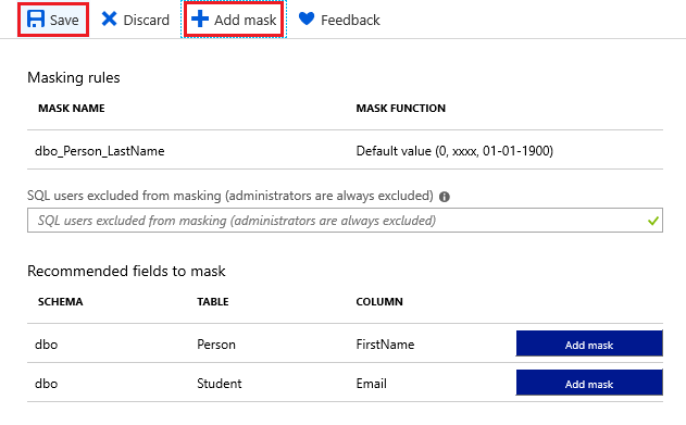 Screenshot of the Azure portal page to Save or Add Dynamic Data Mask fields. Recommended fields to mask display schema, table, and columns of tables.