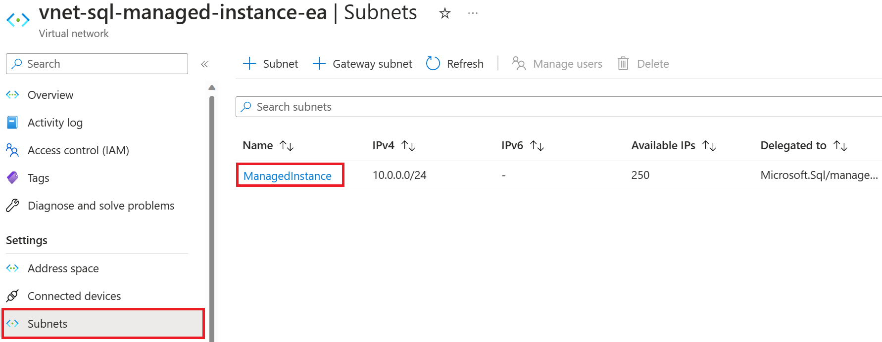 Screenshot der Seite „Subnetz“ der verwalteten SQL-Instanz im Azure-Portal mit ausgewähltem Subnetz