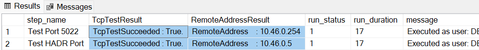 Screenshot that shows the output with the test results in S S M S.