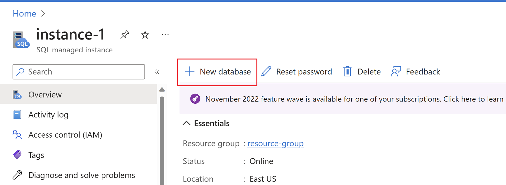 Screenshot des Bereichs „Übersicht“ von SQL Managed Instance im Azure-Portal, wobei das Hinzufügen einer neuen Datenbank ausgewählt ist. 