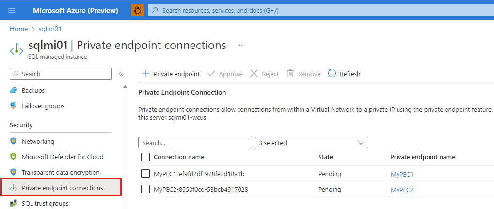 Screenshot of the Azure portal, private endpoint connections page showing two pending connections.