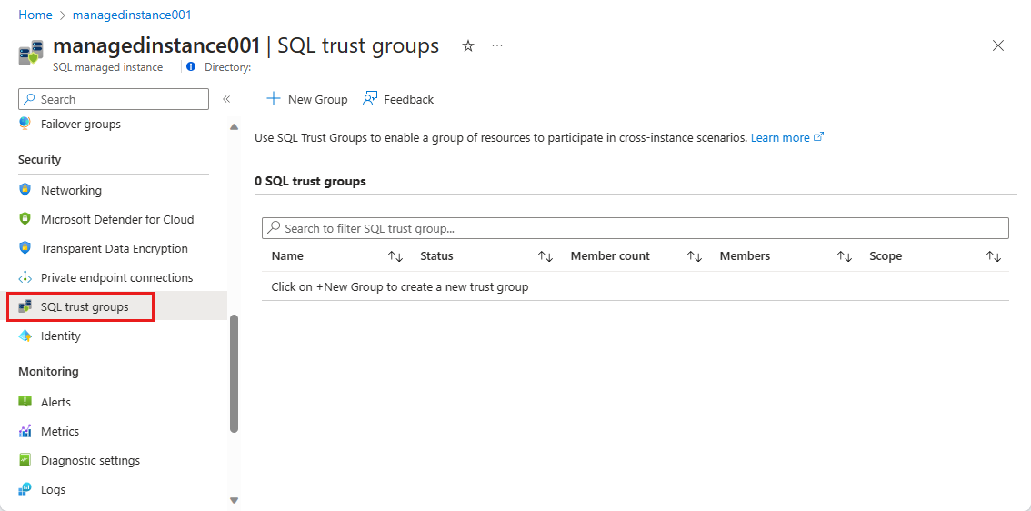 Screenshot der Seite „SQL-Vertrauensgruppen“ für eine Instanz von SQL Managed Instance.