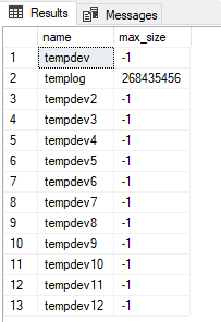 Screenshot des Abfrageergebnisfensters in SSMS, das die maximale Größe der tempdb-Dateien anzeigt. 