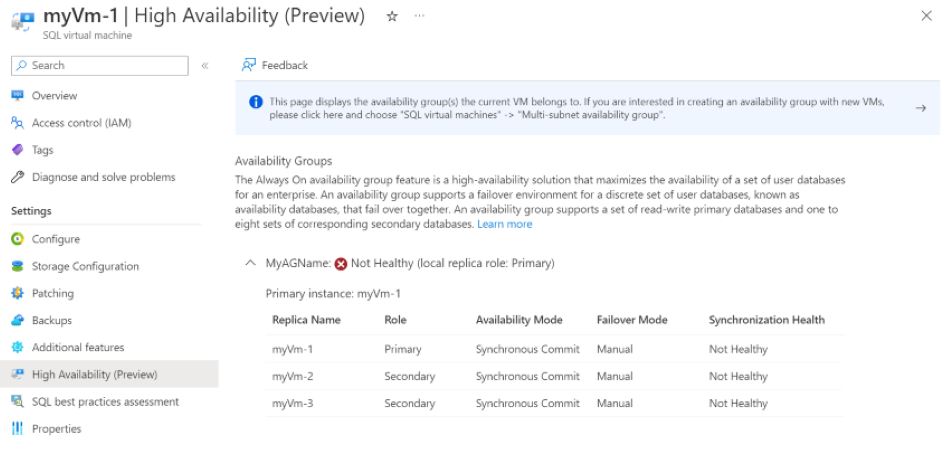 Screenshot: Azure-Portal mit der Integrität einer Verfügbarkeitsgruppe, die derzeit nicht fehlerfrei ist