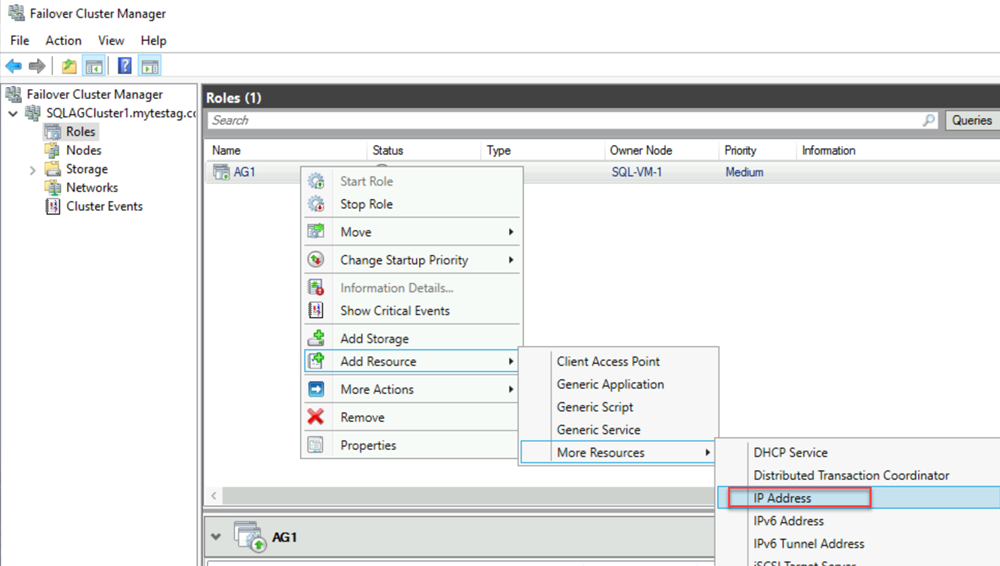 Screenshot of Failover Cluster Manager that shows selections for adding an IP address as a resource.