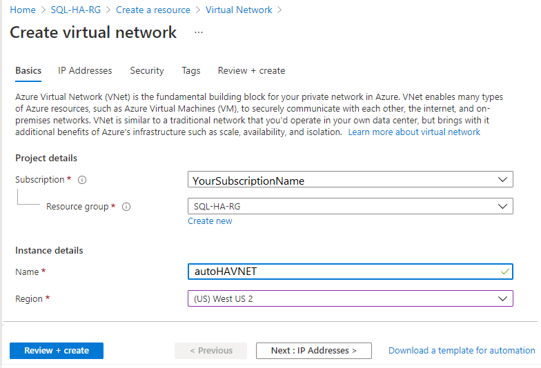 Screenshot des Azure-Portals mit dem Bereitstellen der grundlegenden Informationen zum Erstellen eines virtuellen Netzwerks