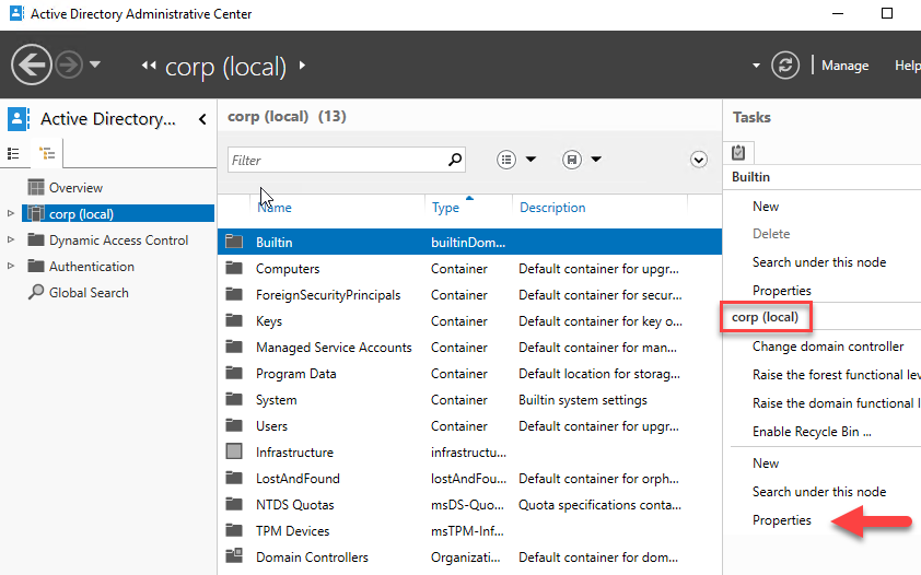 Screenshot vom Auswählen von Benutzereigenschaften im Active Directory-Verwaltungscenter