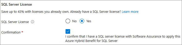 Screenshot der Lizenzoptionen für SQL-VMs im Azure-Portal.