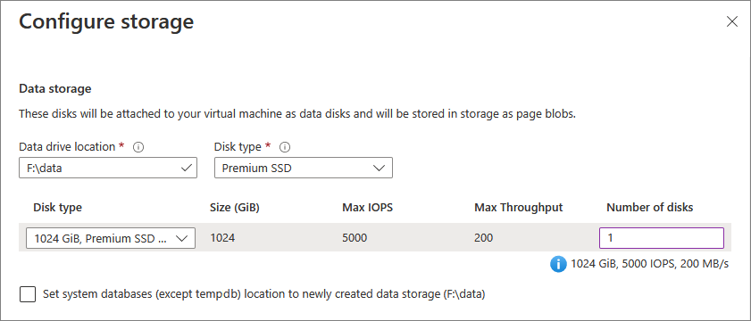 Screenshot zum Konfigurieren der Speicherung der Datendateien für die SQL-VM.