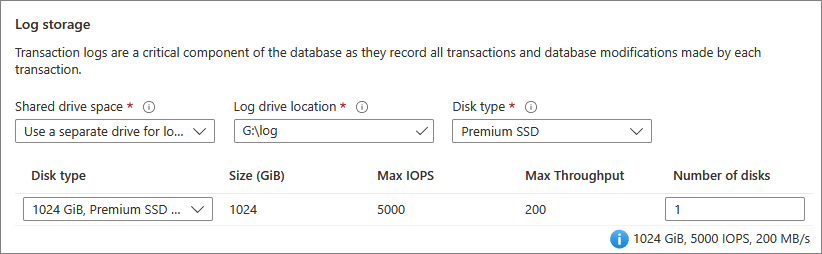 Screenshot: Konfigurieren der Speicherung des Transaktionsprotokolls für Ihre SQL-VM