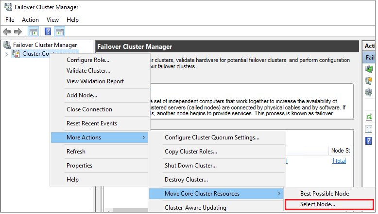Screenshot showing how to test cluster failover by moving the core resource to the other nodes.