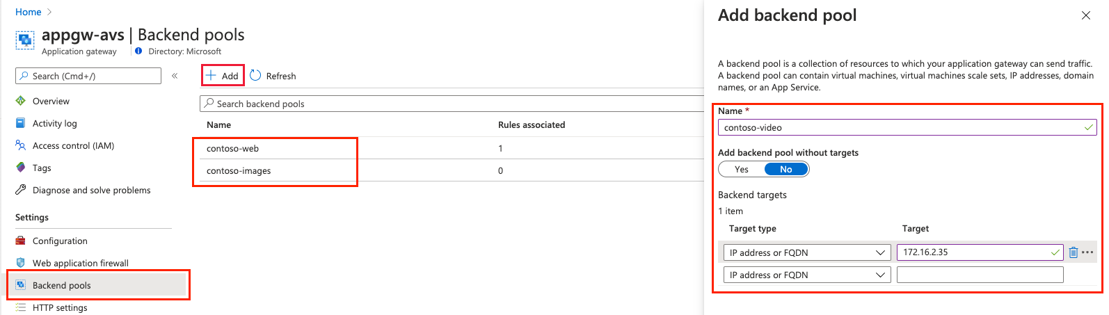 Screenshot of Backend pools page showing the addition of three new backend pools.
