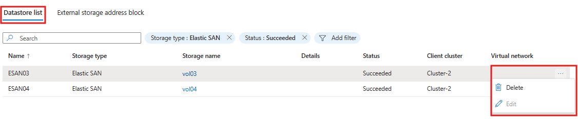 Screenshot der Entfernung des Elastic SAN-Volumes.