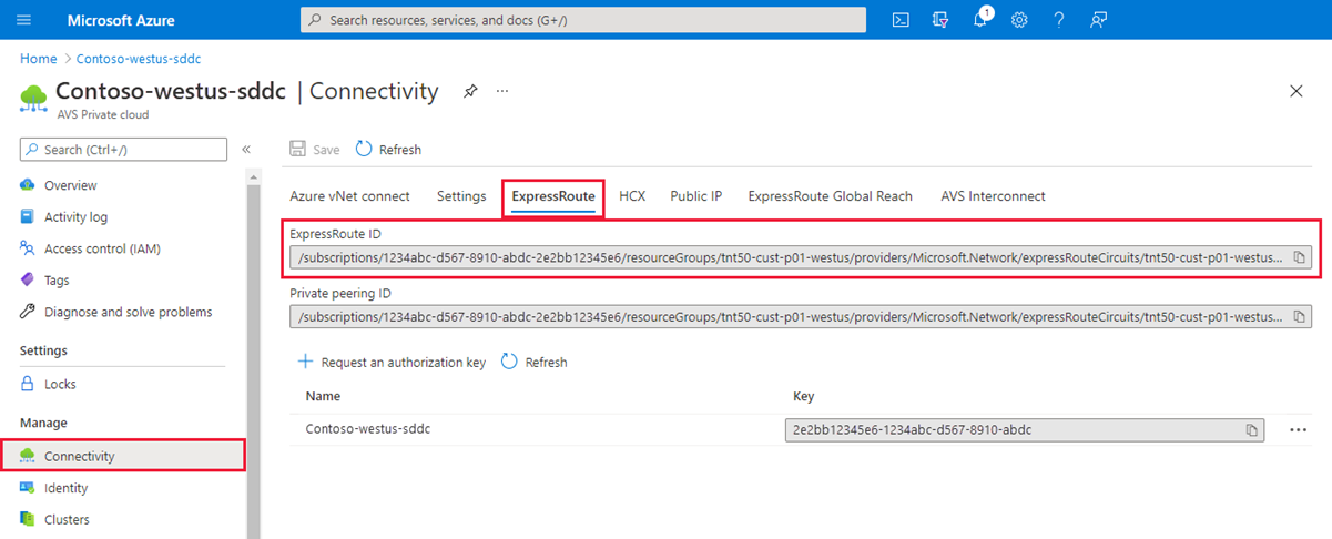 Screenshot that shows the ExpressRoute ID to copy to the clipboard.