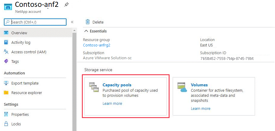 Screenshot: Optionen zum Anzeigen von Kapazitätspools und Volumes eines konfigurierten NetApp Files-Kontos