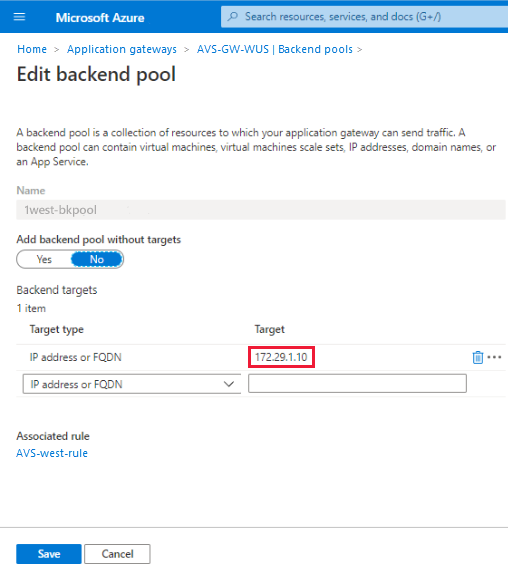 Screenshot der Seite „Back-End-Pool bearbeiten“ mit hervorgehobener Ziel-IP-Adresse.