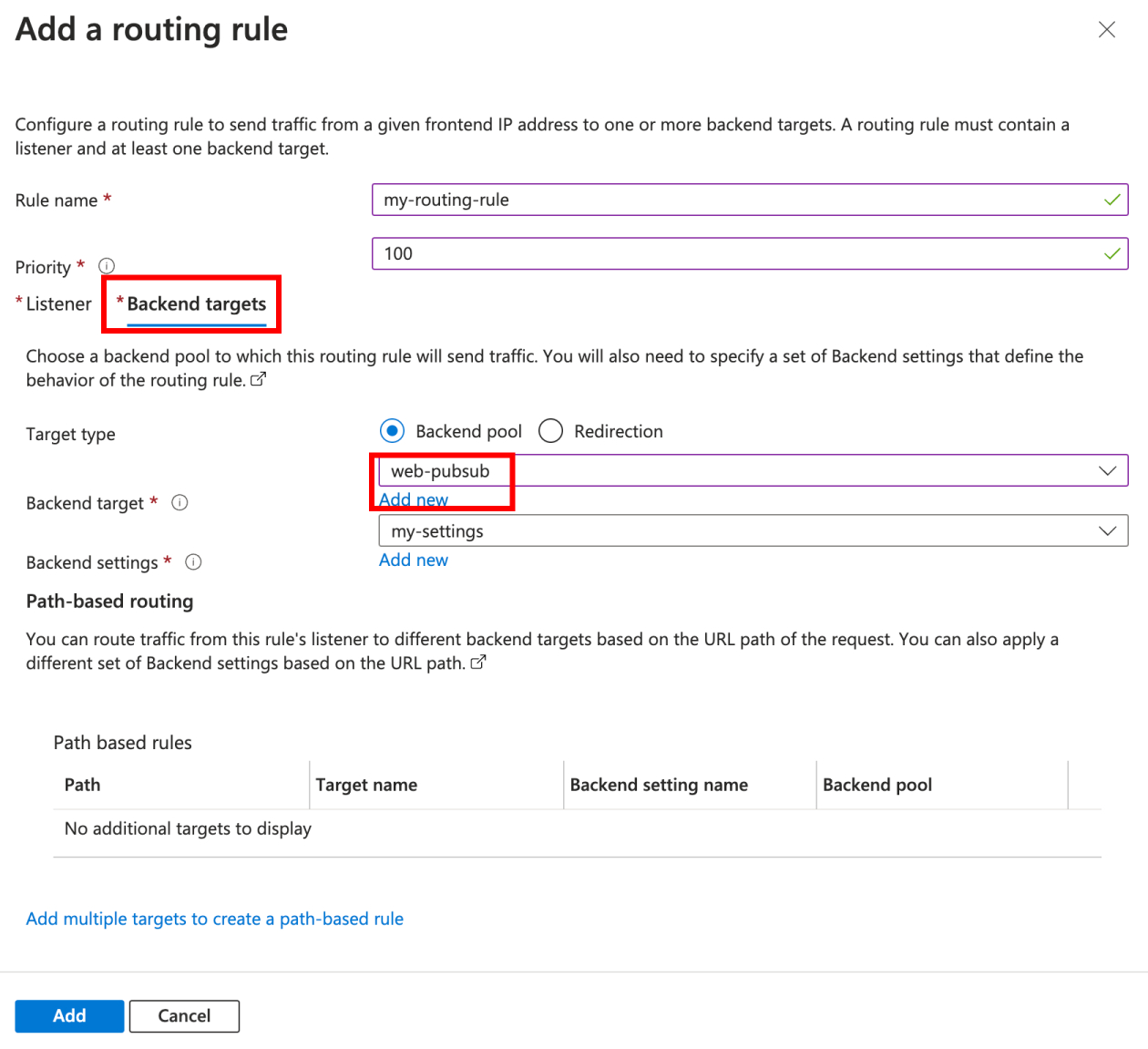 Screenshot, der zeigt, wie Sie eine Application Gateway-Ressource erstellen – Erstellen einer Routingregel, Backend-Ziele.