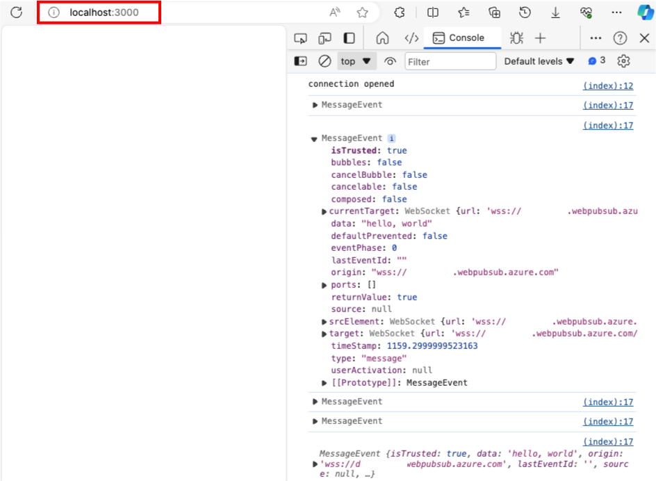 Screenshot eines Browserclients, der eine direkte Verbindung mit der Web PubSub-Ressource und der lokal ausgeführten Server-App zeigt.