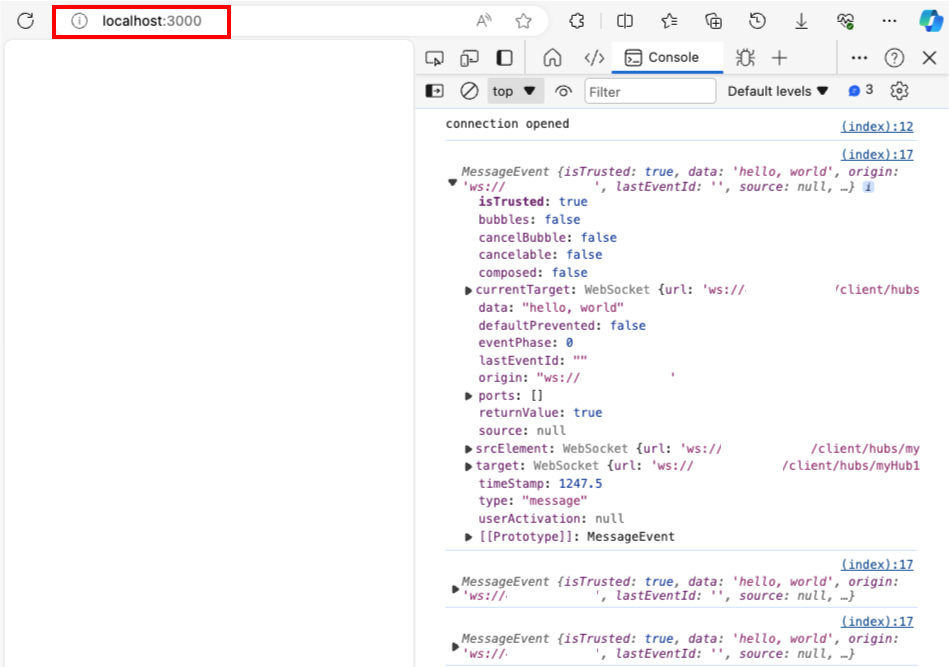 Screenshot eines Browserclients, der eine indirekte Verbindung mit der Web PubSub-Ressource und der lokal ausgeführten Server-App zeigt.
