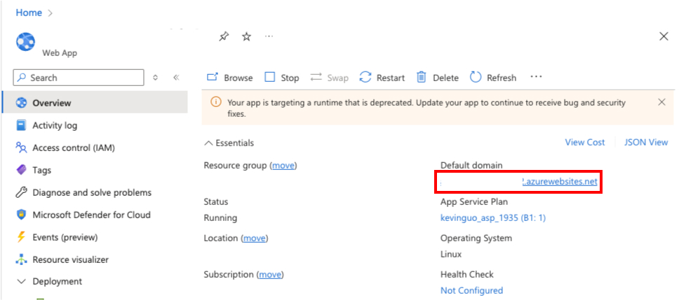 Screenshot, der zeigt, wo der Domänenname der Web App-Ressource abgerufen werden soll.