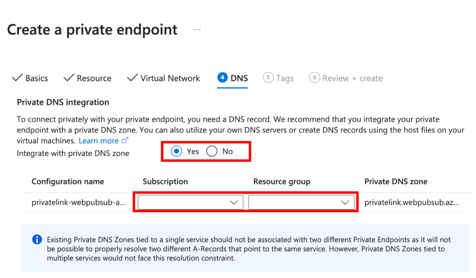Screenshot, der zeigt, wie die private DNS-Integration aktiviert wird.