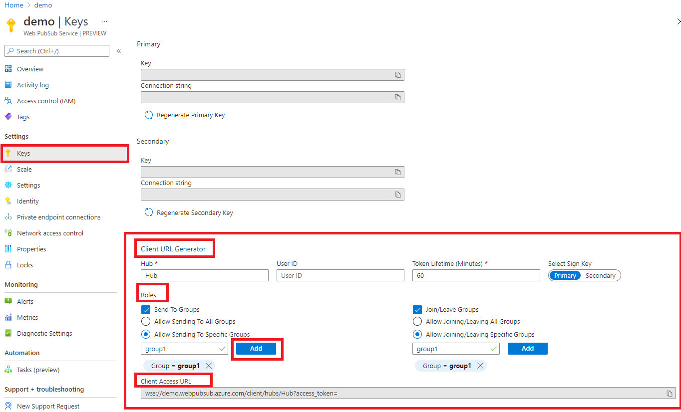 Screenshot, der zeigt, wie Clientzugriffs-URL im Azure-Portal abgerufen wird