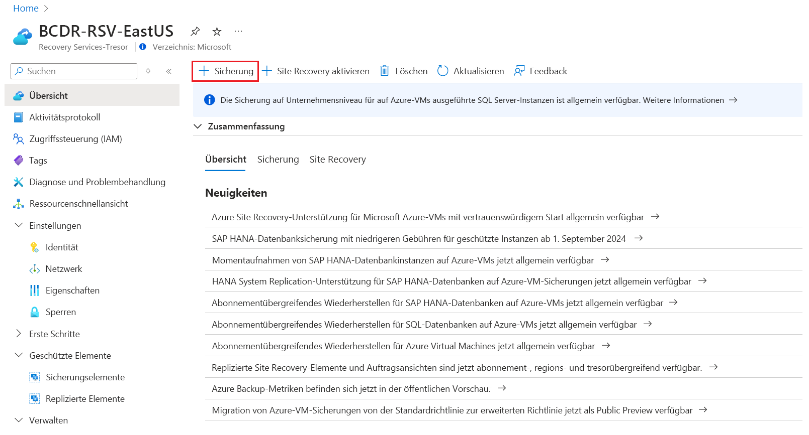 Screenshot zum Konfigurieren der Sicherung für Azure Files.