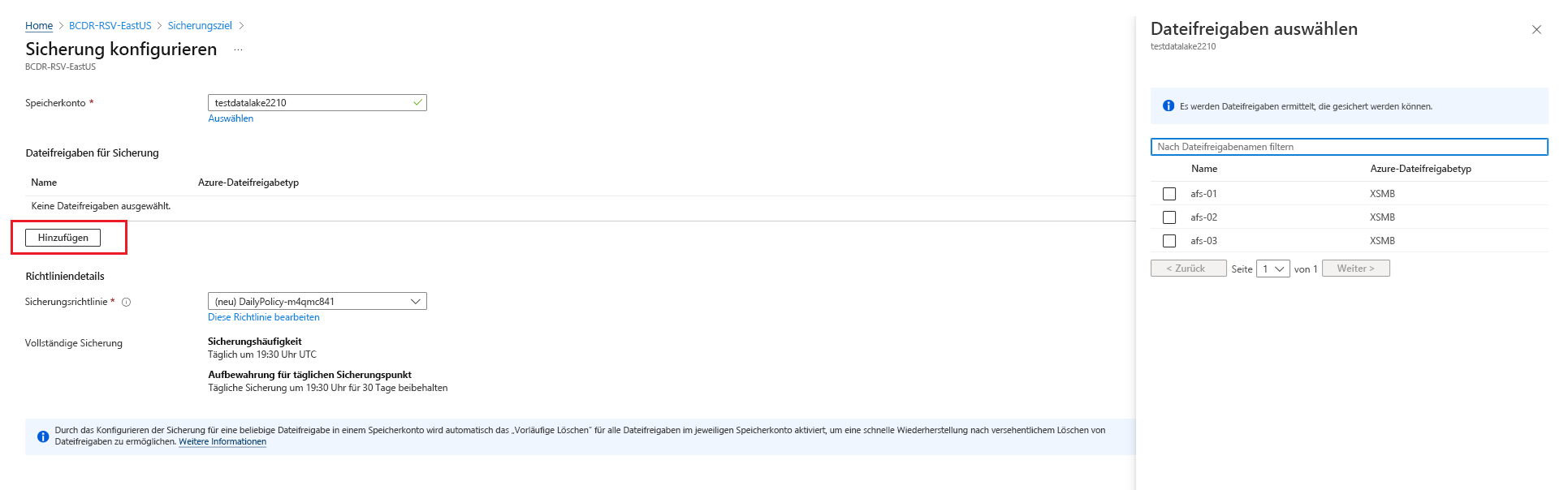 Screenshot des Auswählens der zu sichernden Dateifreigaben.
