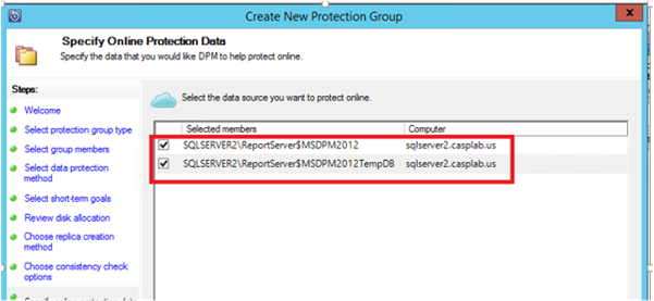 Screenshot: Auswählen von Datenquellen, die in Azure geschützt werden sollen