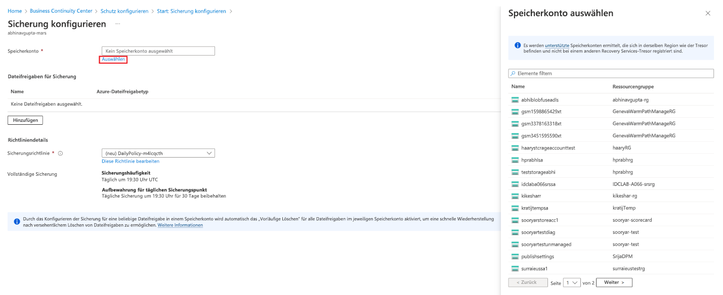 Screenshot: Auswählen eines Speicherkontos.