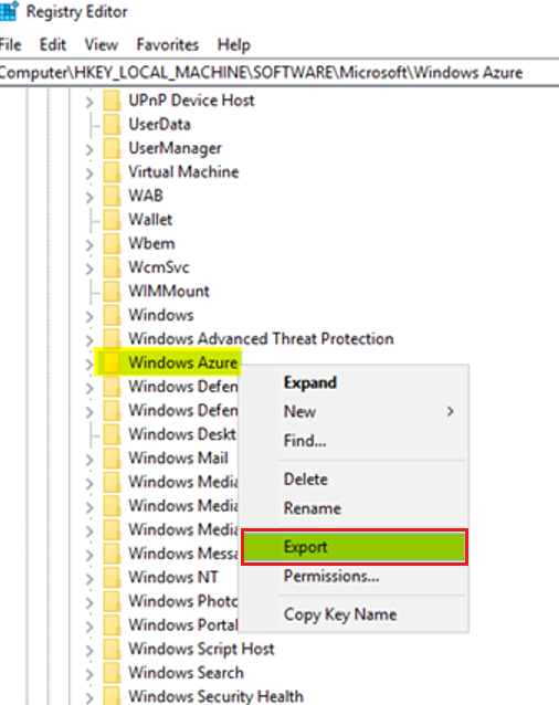 Screenshot des Registrierungsschlüssels für den Export.